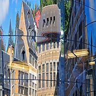 Reflectie in glazen gevel van de historische gebouwen op de Cour des Mineurs te Luik, België
